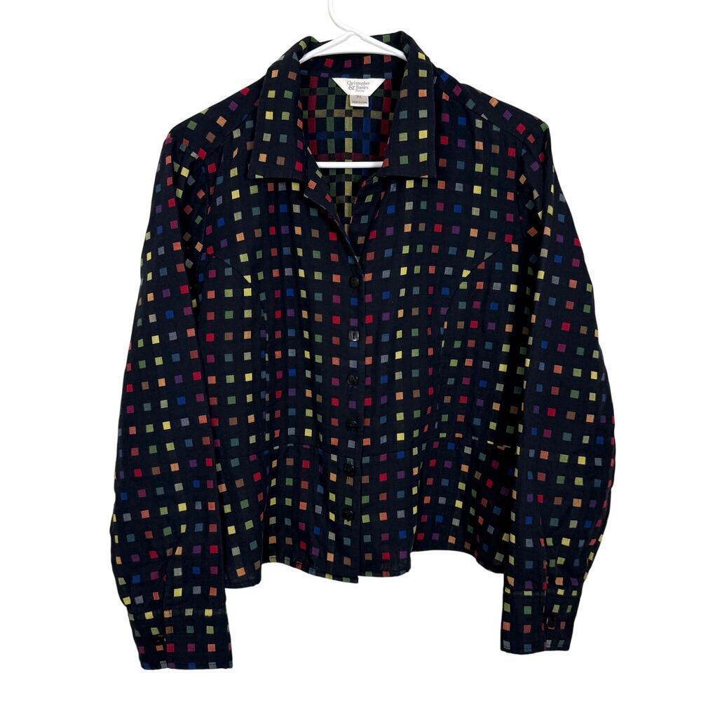 Christopher & Banks Peplum Top Button Up Geometric Square Long Sleeve Blouse P/L